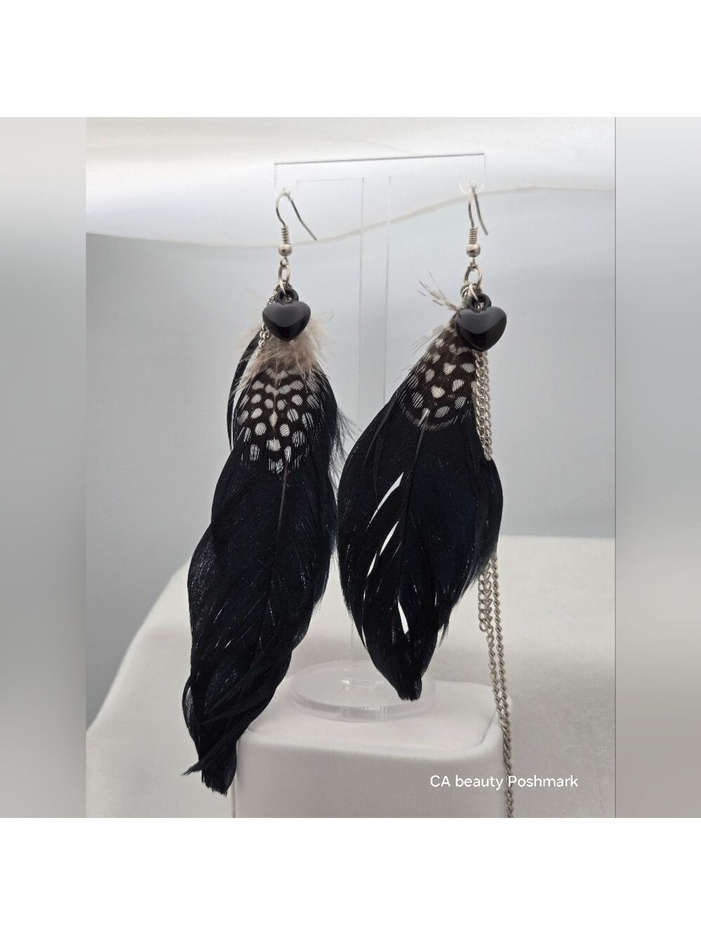 ✨2/$10✨ Handmade Asymmetrical Long Black Feather Earrings Metal Leaf Boho
